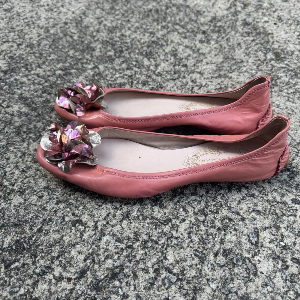 Elie Tahari Ballet Flats Womens 7 (EU 37.5) Pink Patent Leather Metallic Rosette - Picture 3 of 11
